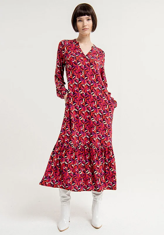 Surkana Flower Pattern, Frill Hem Maxi Dress, Red Trendy Maxi Dress with Belt