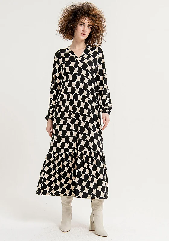 Surkana Houndstooth Print, Frill Hem Maxi Dress, Black Fashionable Printed Maxi Dress