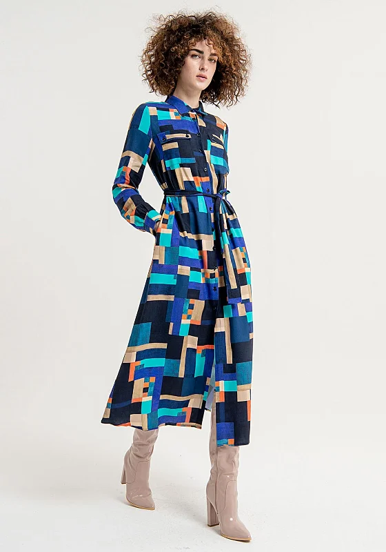 Surkana Abstract Print Shirt Maxi Dress, Blue Chic Summer Maxi Dress