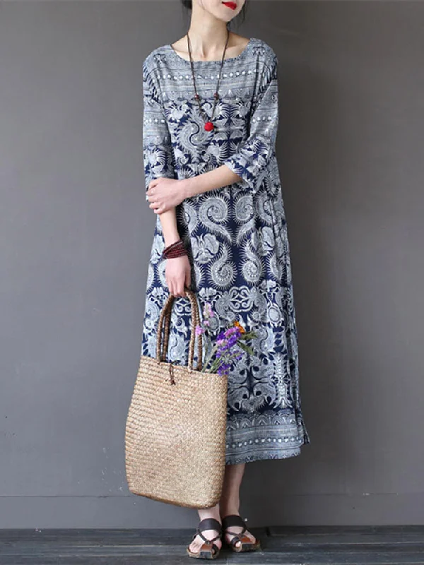 Loose Retro Printing 3/4 Sleeve Women Maxi Dress Cozy Cold-Shoulder Maxi Dress