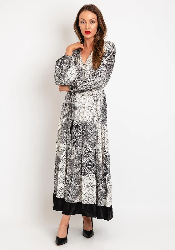 Natalia Collection One Size Patchwork Print Satin Tiered Maxi Dress, Black & White Chic Summer Floral Maxi Dress