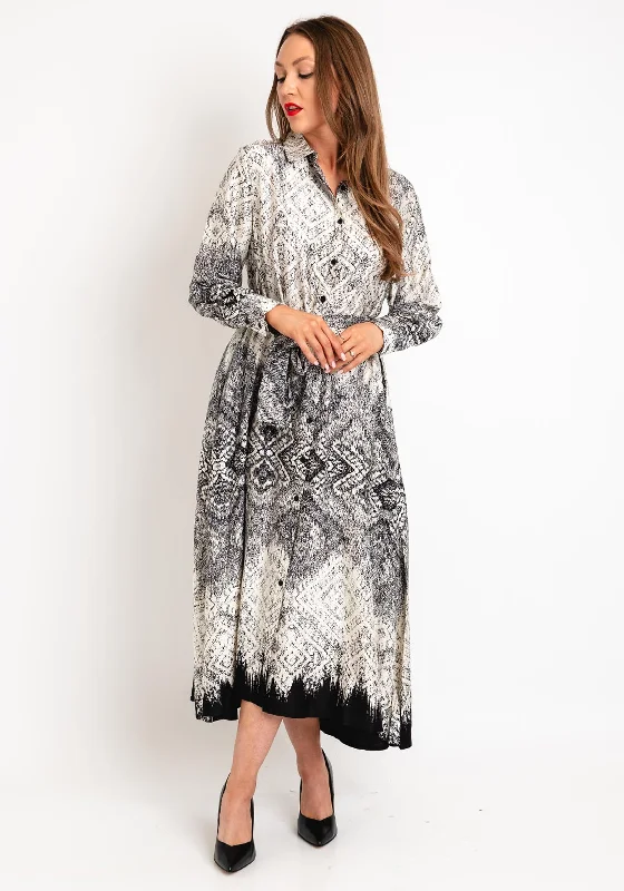 Natalia Collection One Size Scattered Print Shirt Maxi Dress, Black & White Stylish Longline Maxi Dress