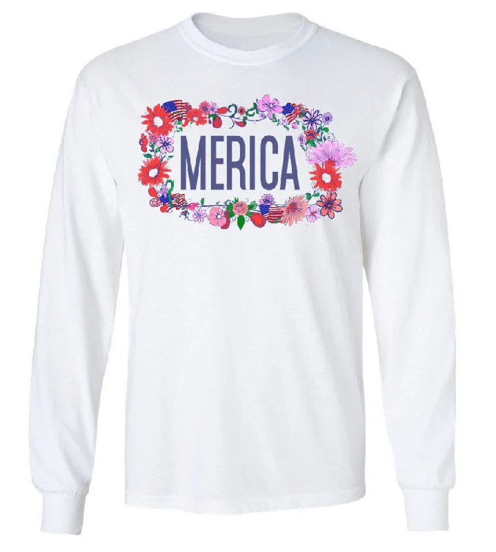 'Merica Floral Crown' Long Sleeve Tee Cotton Fabric Linen Fabric Terry Fabric