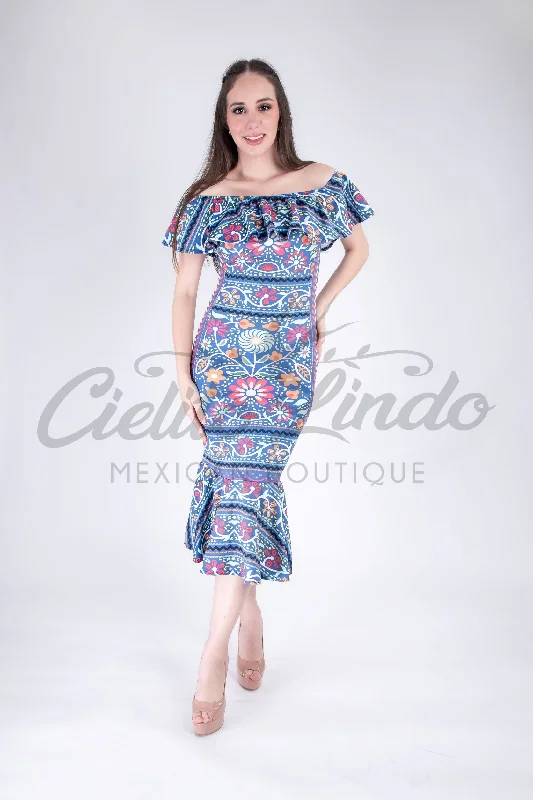 Mexican Fiesta Printed Maxi Dress Blue Casual Maxi Dress with Pockets