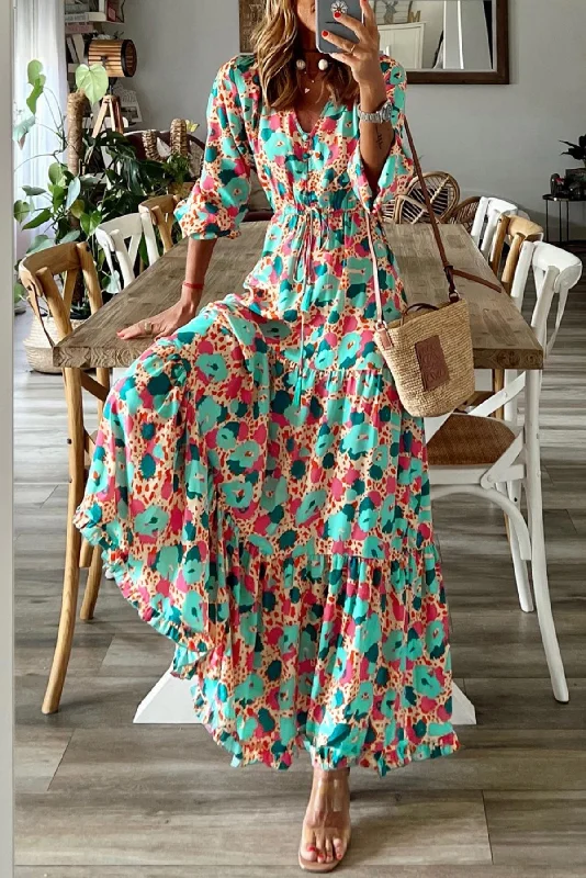 Multicolor Bohemia Print V Neck Ruffle Long Sleeve Maxi Dress Stylish One-Shoulder Maxi Dress