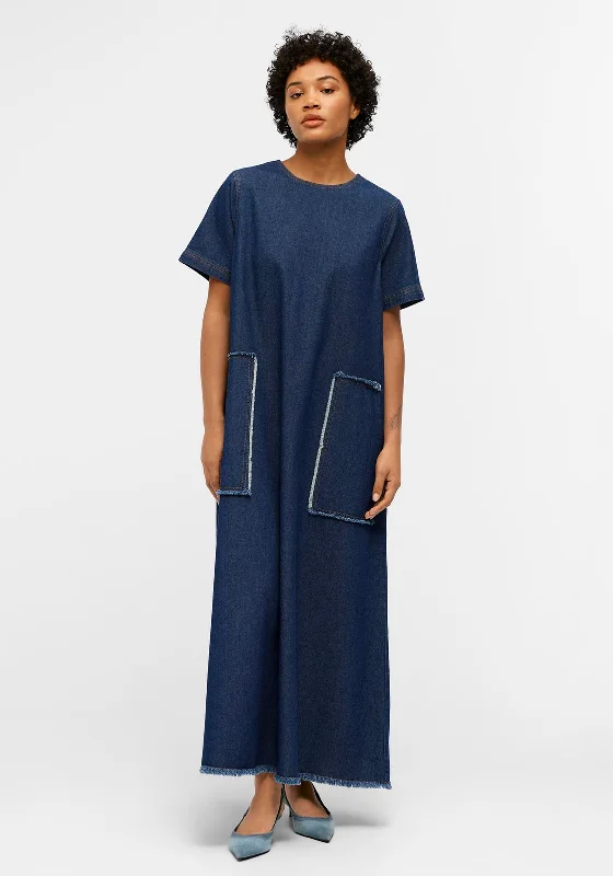 Object Harlow Denim Maxi Dress, Dark Blue Denim Elegant Pleated Maxi Dress