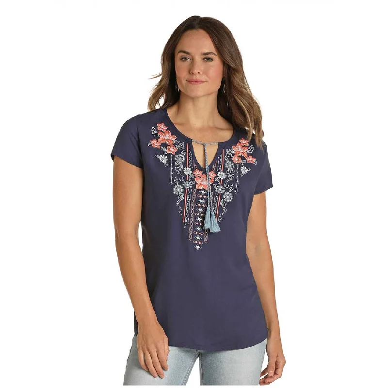 Panhandle Women's Floral Embroidered T-Shirt Asymmetrical Pockets Print