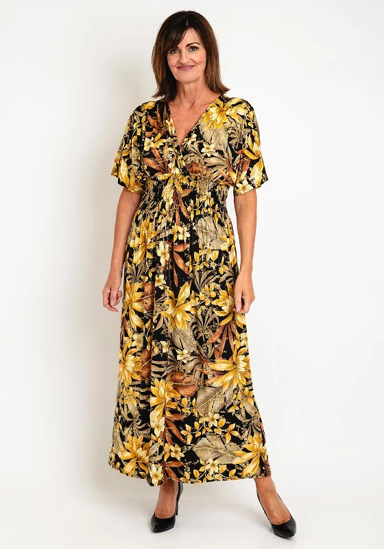 Natalia Collection One Size Floral Print Maxi Dress, Black & Gold Elegant Lace Maxi Dress