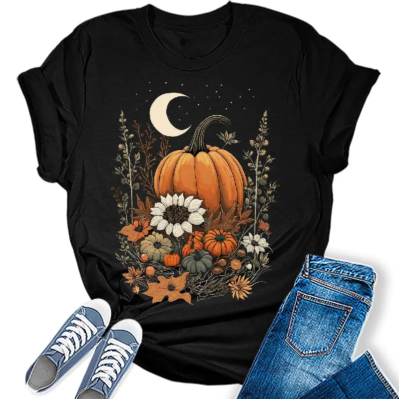 Pumpkin Cottagecore T-Shirt Womens Graphic Tees Vintage Flower Fall Shirts Girls Vintage Halloween Thanksgiving Tops Collared Crew Neck Turtle Neck