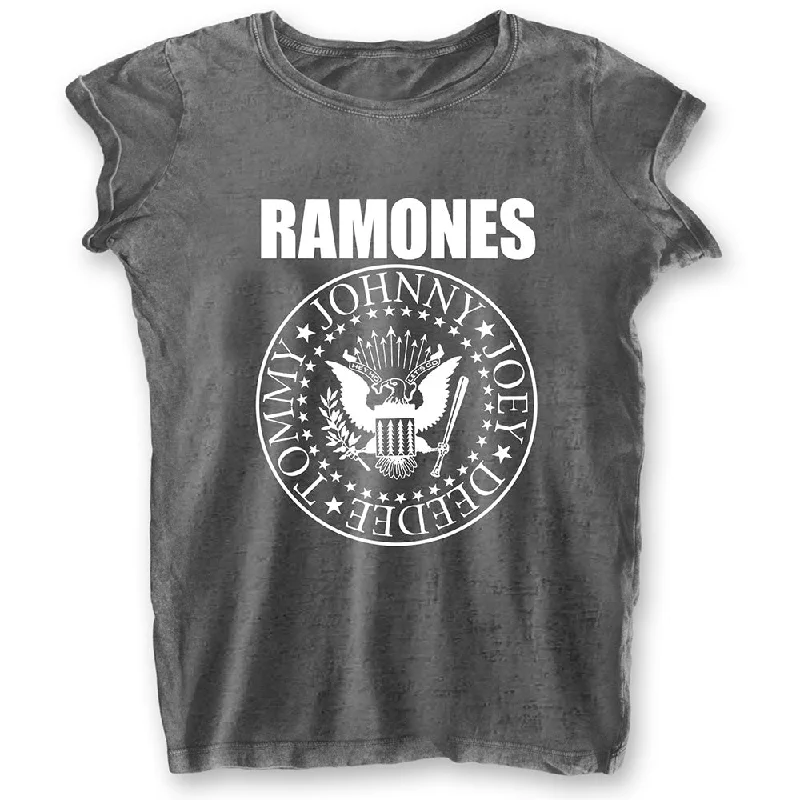 Ramones Ladies T-Shirt: Presidential Seal (Burn Out) Denim Fabric Leather Fabric Suede Fabric