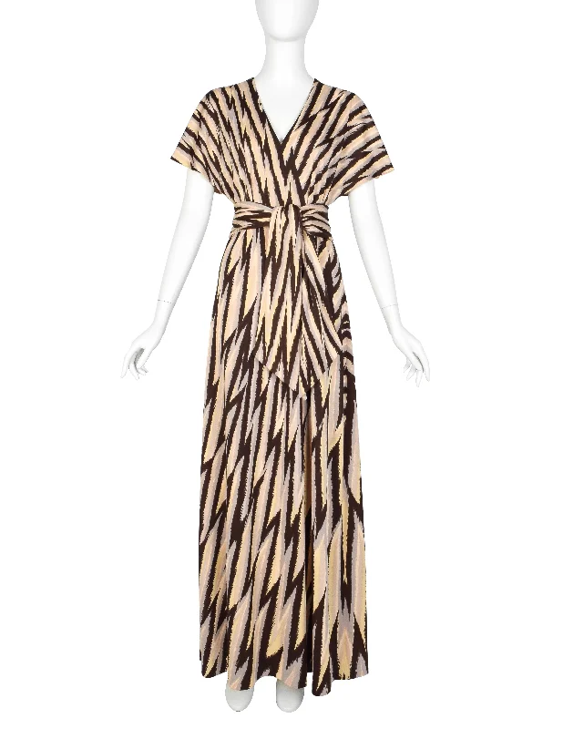 Roberta di Camerino Vintage 1978 Beige Yellow & Brown Zig Zag Print Jersey Maxi Dress Trendy Floral Print Maxi Dress