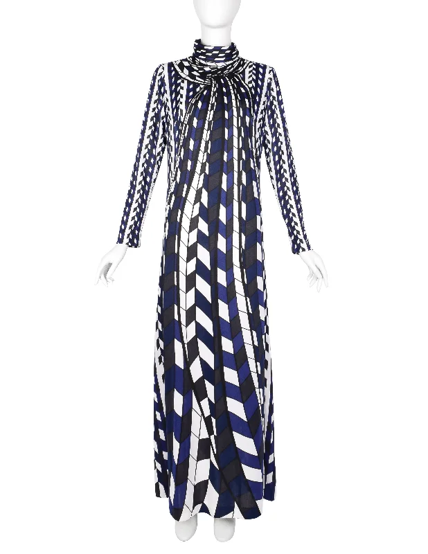 Roberta di Camerino Vintage 1978 Blue Black White Op Art Trompe L'oeil Maxi Dress Stylish Long Sleeve Maxi Dress