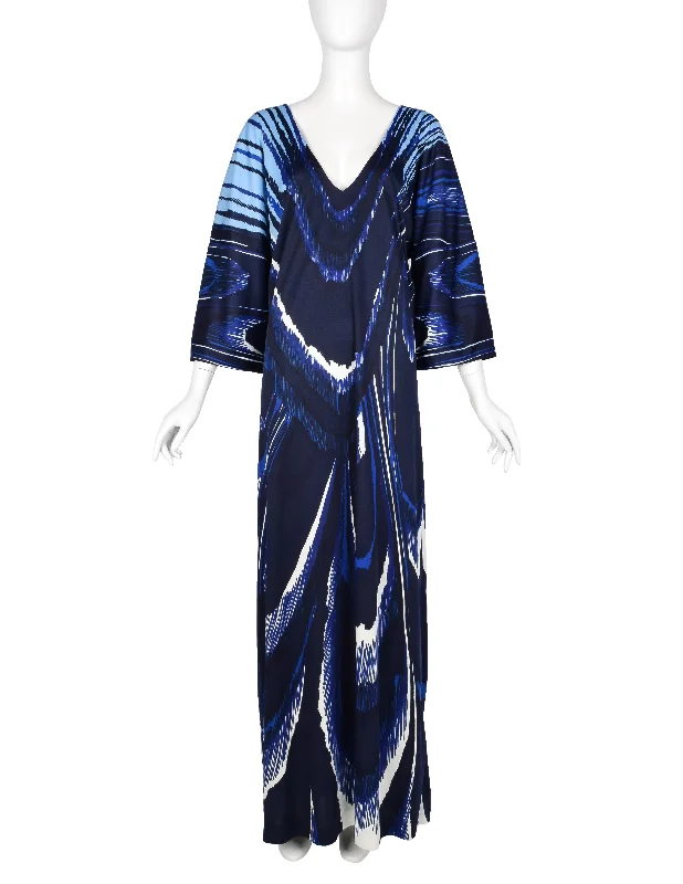 Roberta di Camerino Vintage 1978 Blue Feather Print Trompe L'oeil Maxi Dress Chic Summer Maxi Dress