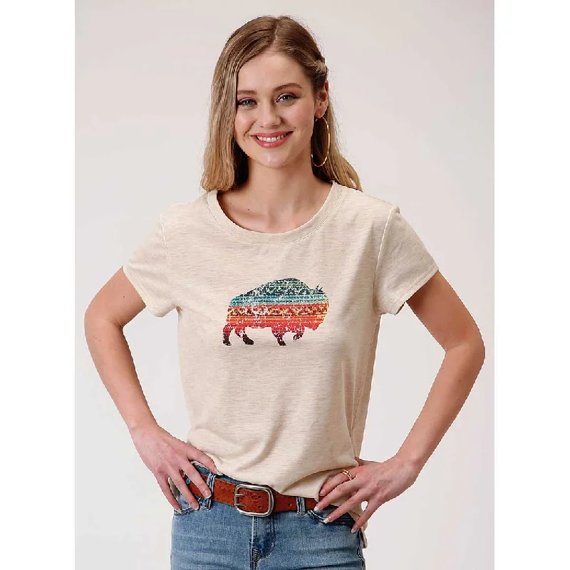 Roper Women's Serape Buffalo Graphic Tee Mesh Fabric Canvas Fabric Denim Fabric