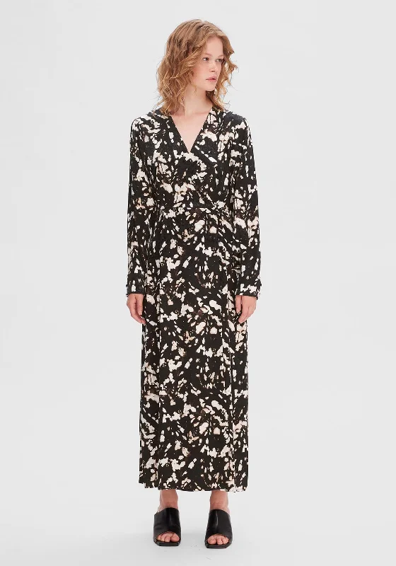 Selected Femme Justine Printed Faux Wrap Maxi Dress, Black Fashionable High-Low Maxi Dress