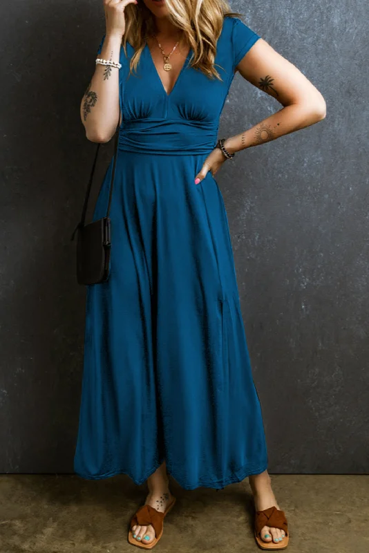 Short Sleeve Shirred High Waist V Neck Maxi Dress Comfortable Maxi Dress with Slits