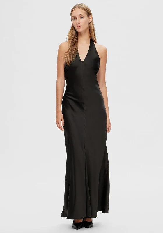 Selected Femme Renata Neck Holder Satin Maxi Dress, Black Elegant Maxi Dress with Ruffles