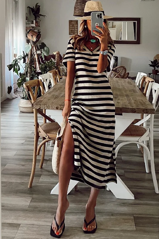 Stripe Print V Neck Maxi Dress with Side Splits Comfortable Fitted Maxi Dress