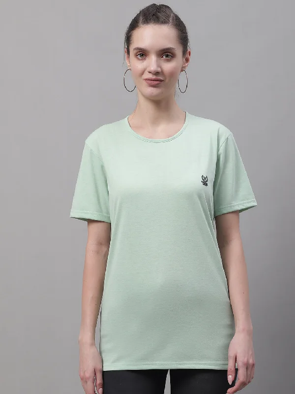 Vimal Jonney Round Neck Cotton Solid Light Green T-Shirt for Women Welt Pockets Slit Pockets