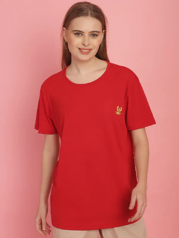 Vimal Jonney Round Neck Cotton Solid Red T-Shirt for Women Anti-Shrink Durable Soft