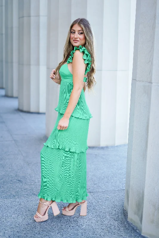 Tabi Pleated Scoop Back Maxi Dress - Green - FINAL SALE Comfortable T-Shirt Maxi Dress