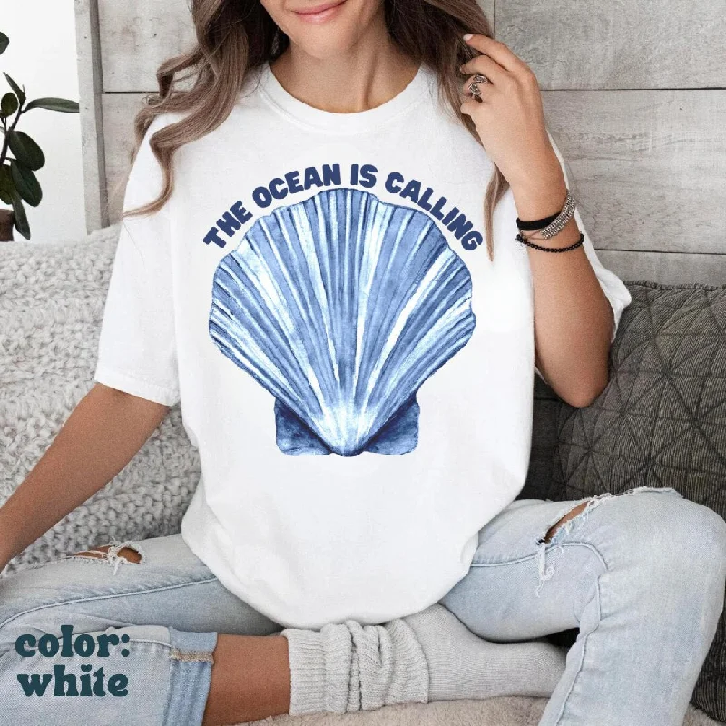 The Ocean is Calling Beach Seashell Tee - Watercolor Beach Tee - Seashell Tee - Mermaidcore - Ocean Aesthetic - Comfort Colors Unisex Tee Graphic Embroidered Appliqued