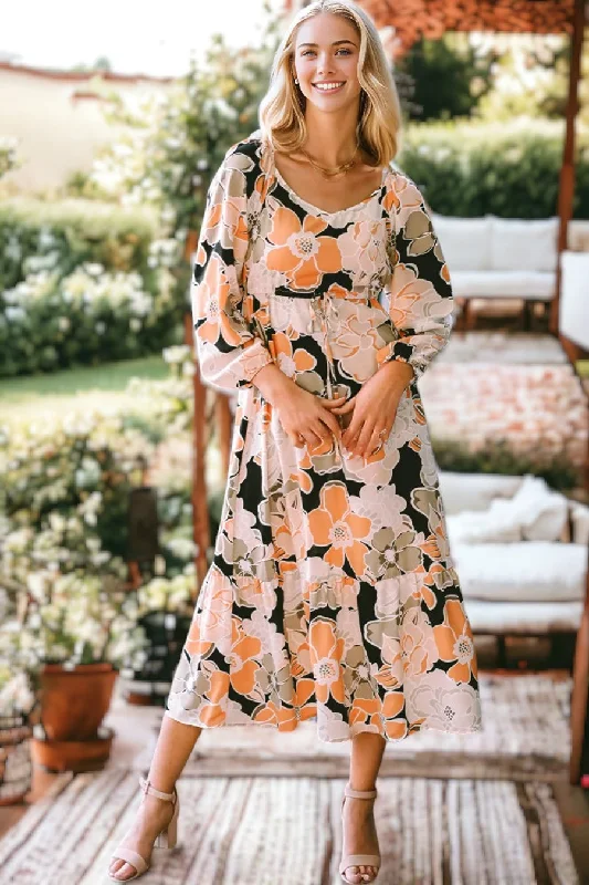 Tie Waist Puff Sleeve Bold Floral Maxi Dress Trendy Printed Maxi Dress