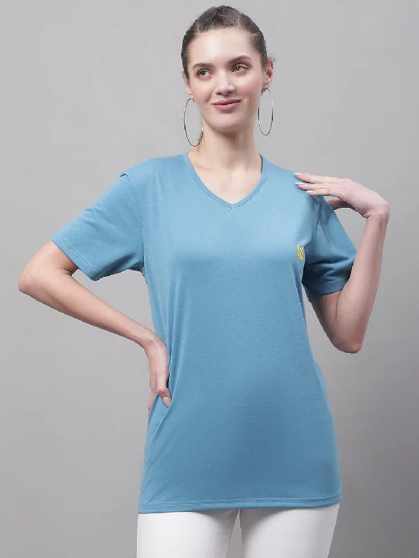 Vimal Jonney V Neck Cotton Solid Blue T-Shirt for Women Lace Blend Ribbed Blend Corduroy Blend