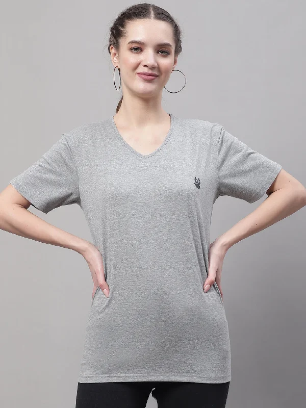 Vimal Jonney V Neck Cotton Solid Grey Melange T-Shirt for Women Spandex Blend Rayon Blend Denim Blend