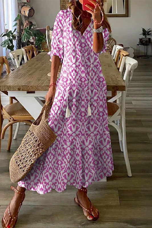 V Neck Casual Geometric Print Maxi Dress Comfortable Long-Sleeve Maxi Dress