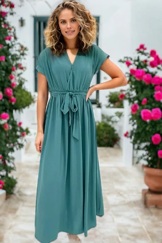 V Neck Wrap Pleated Short Sleeve Maxi Dress Trendy Button Front Maxi Dress