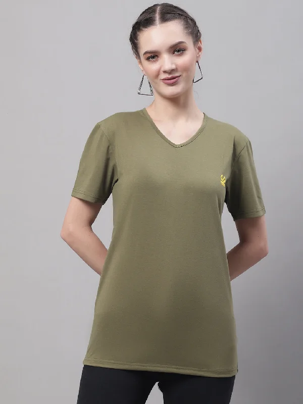 Vimal Jonney V Neck Cotton Solid Olive T-Shirt for Women Elegant Classic Vintage