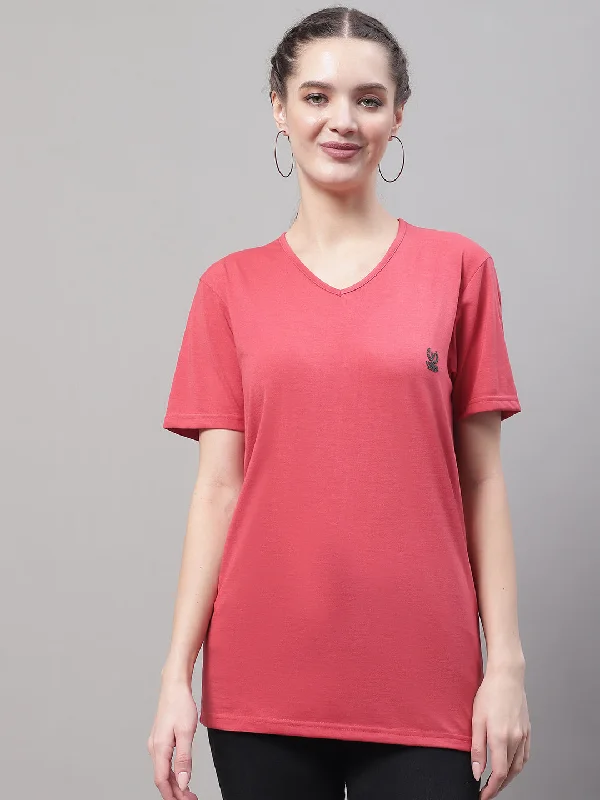 Vimal Jonney V Neck Cotton Solid Pink T-Shirt for Women Welt Pockets Slit Pockets