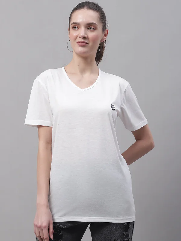 Vimal Jonney V Neck Cotton Solid White T-Shirt for Women Chenille Blend Fleece Blend Nylon Blend