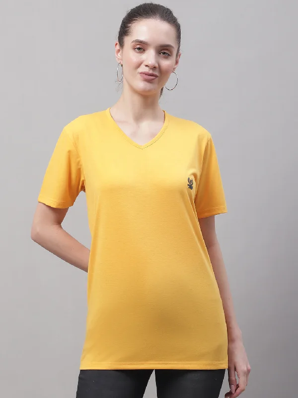 Vimal Jonney V Neck Cotton Solid Yellow T-Shirt for Women Denim Fabric Leather Fabric Suede Fabric