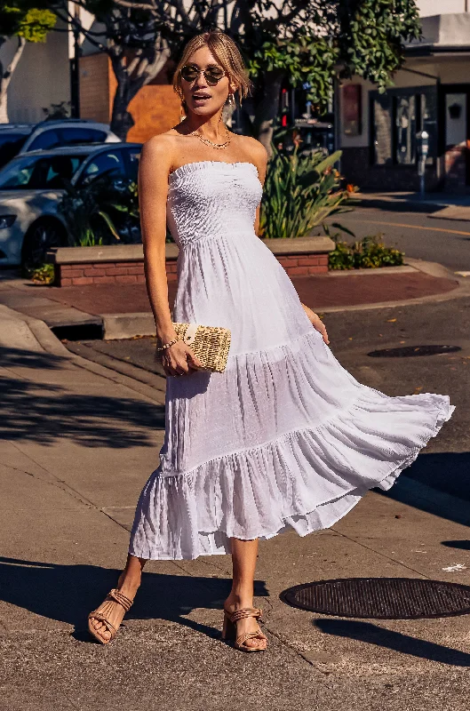 White Stephanie Strapless Maxi Dress Comfortable Fitted Maxi Dress