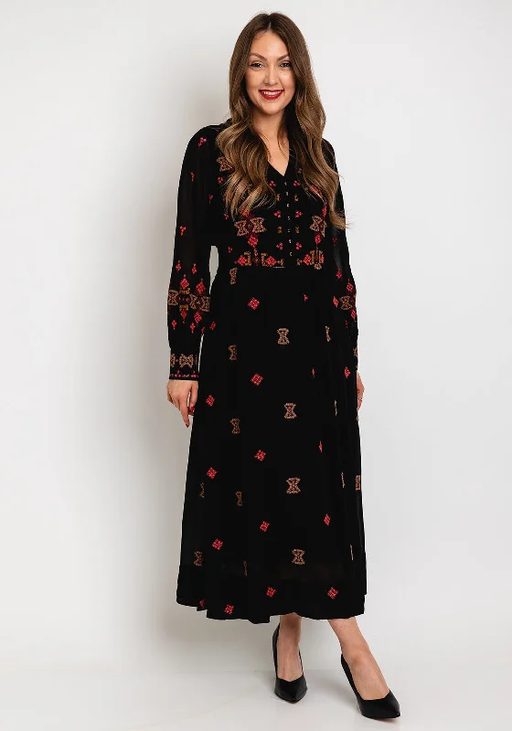 White Stuff Kate Embroidered Maxi Dress, Black Stylish A-Line Maxi Dress