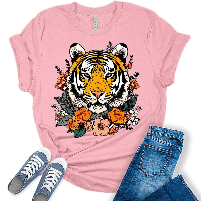 Womens Tiger Shirts Cute T-Shirt Short Sleeve Tops Summer Graphic Tee Houndstooth Herringbone Solid