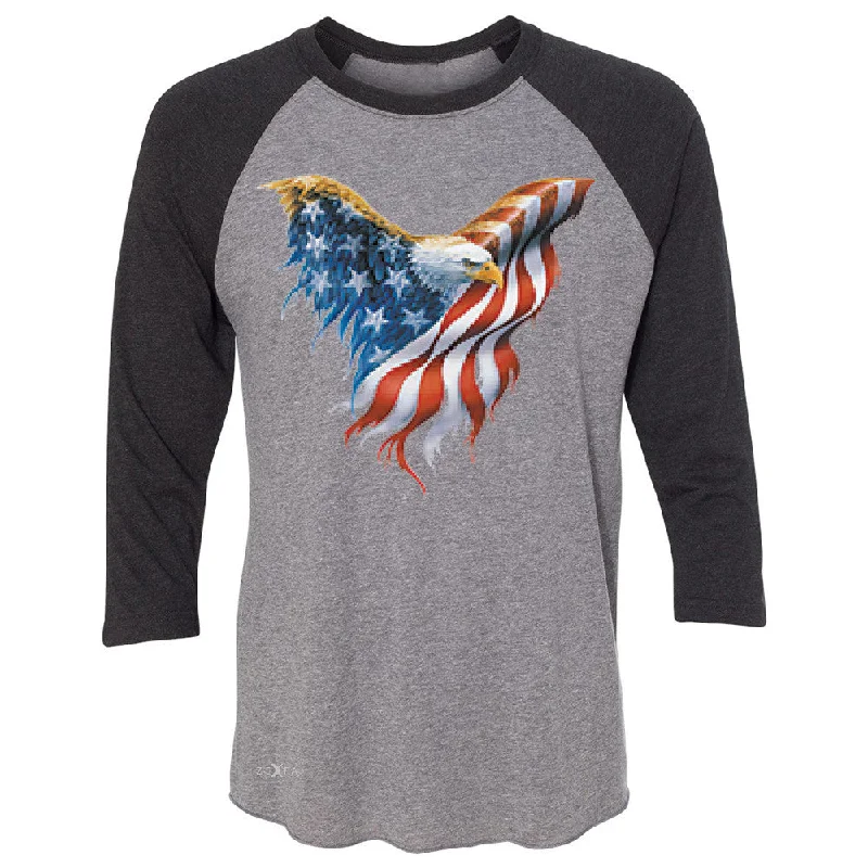 Zexpa Apparelâ„¢ American Flag Bald Eagle 3/4 Sleevee Raglan Tee USA Flag 4th of July Tee Iron Safe Non-Iron Wrinkle Free