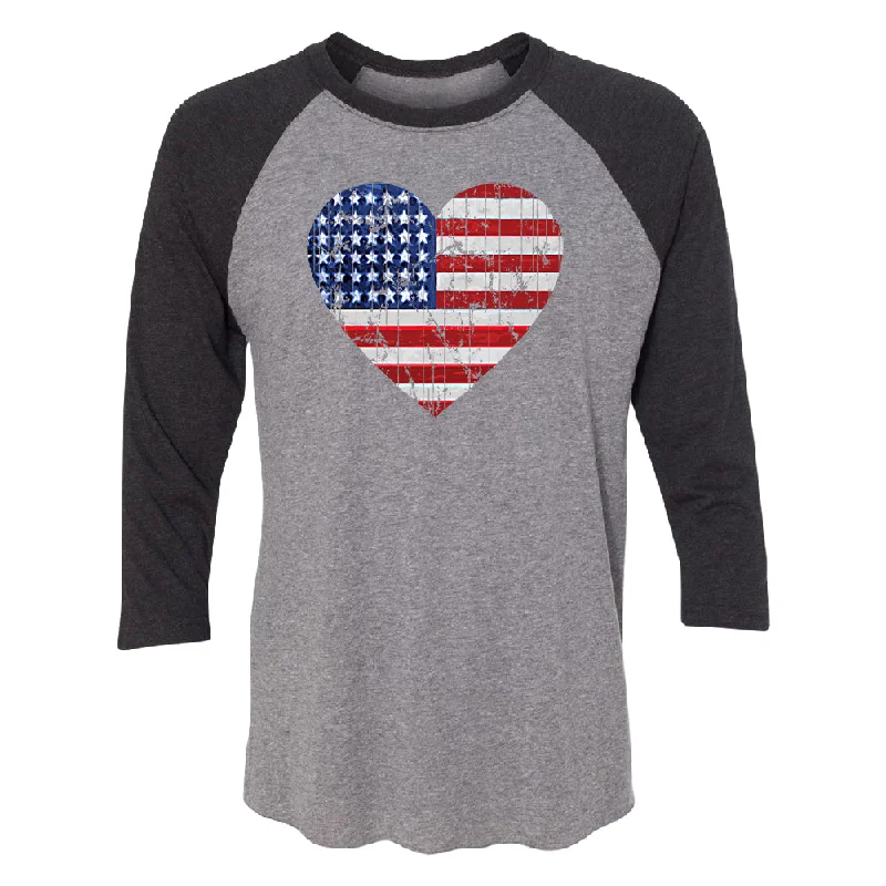 Zexpa Apparel™ American Flag Heart Love 3/4 Raglan Tee Lace Blend Ribbed Blend Corduroy Blend