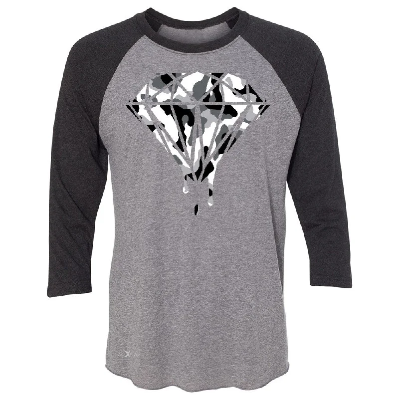 Zexpa Apparelâ„¢ Black n White Camo Dripping Diamond 3/4 Sleevee Raglan Tee Melting Logo Tee Fitted T-Shirt Seamless Stretchy