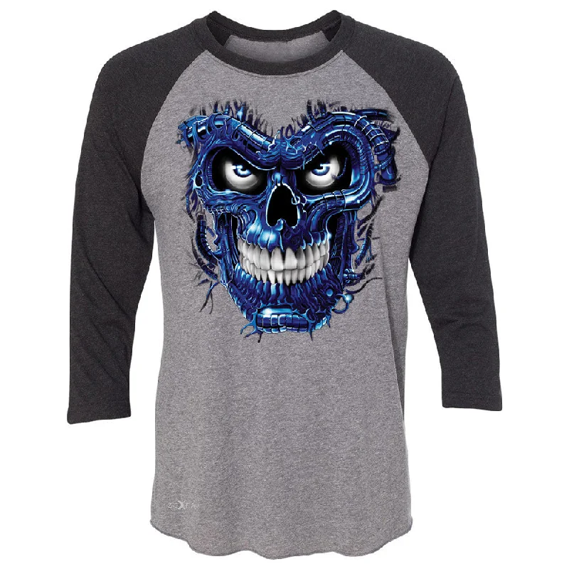 Zexpa Apparelâ„¢ Blue Terminator Skull 3/4 Sleevee Raglan Tee Sugar Day of The Death Tee Mesh Fabric Canvas Fabric Denim Fabric