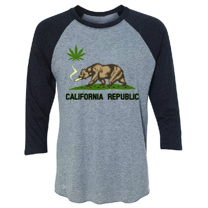 Zexpa Apparel™ California Bear Weed Smoker Joint 3/4 Sleevee Raglan Tee Fun Humor Tee Ribbed T-Shirt High Neck Heavyweight