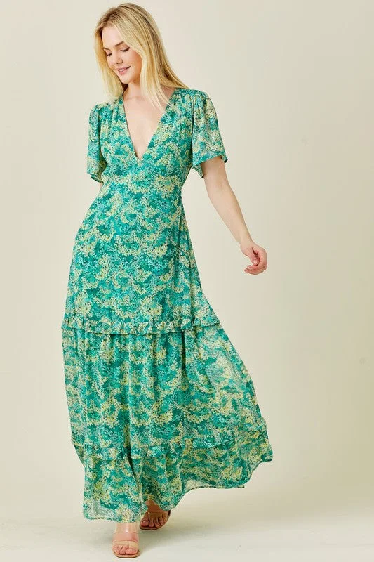 Bree Short Sleeve Floral Print Maxi Dress Green Trendy Maxi Dress with Straps