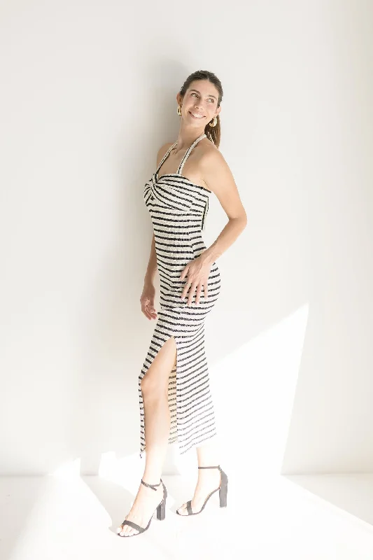 Brooke Sleeveless Halter Tie Stripe Print Knit Maxi Dress Black Elegant Maxi Dress with Slit