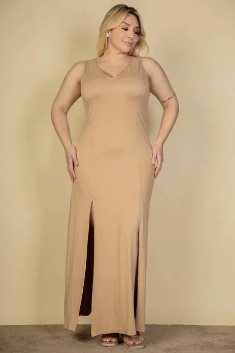 Plus Size Plunge Neck Thigh Split Maxi Dress Fashionable High-Low Maxi Dress