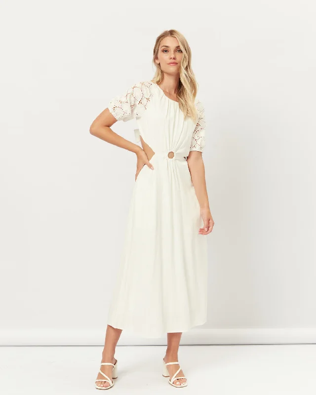 Hazel Broderie Puff Sleeves Cut Out Maxi Dress Stylish Maxi Dress with Pleats