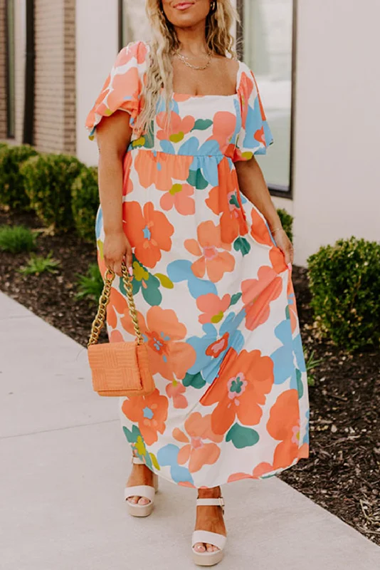 Orange Plus Size Flower Print Shirred Square Neck Maxi Dress Trendy Maxi Dress with Straps