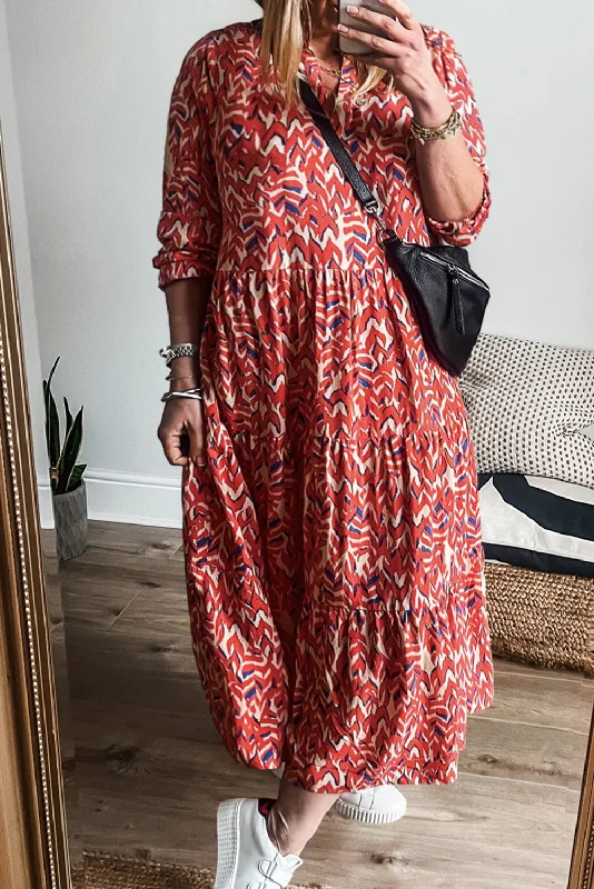 Red Plus Size Abstract Print Notch V Neck High Waist Maxi Dress Elegant Boho Maxi Dress