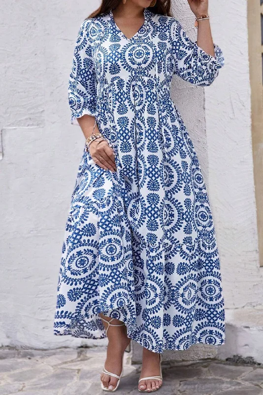 Sky Blue Geometric Print Lace-up Notch Neck Plus Size Maxi Dress Cozy Ruffle Sleeve Maxi Dress